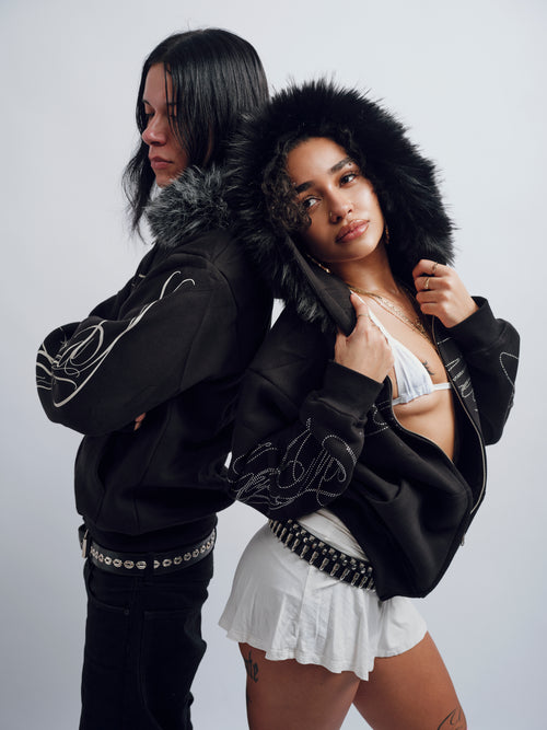 So Help Me God Rhinestone Fur Hoodie